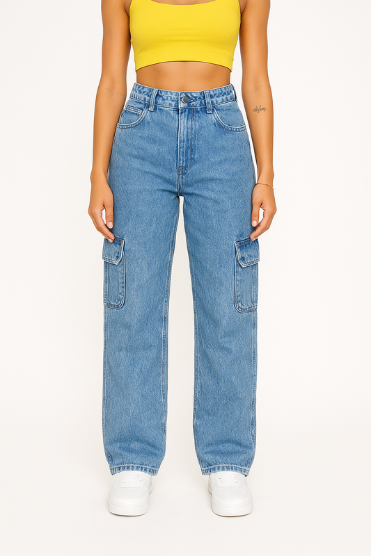 Azure Mist Knee-Slit Straight Denim